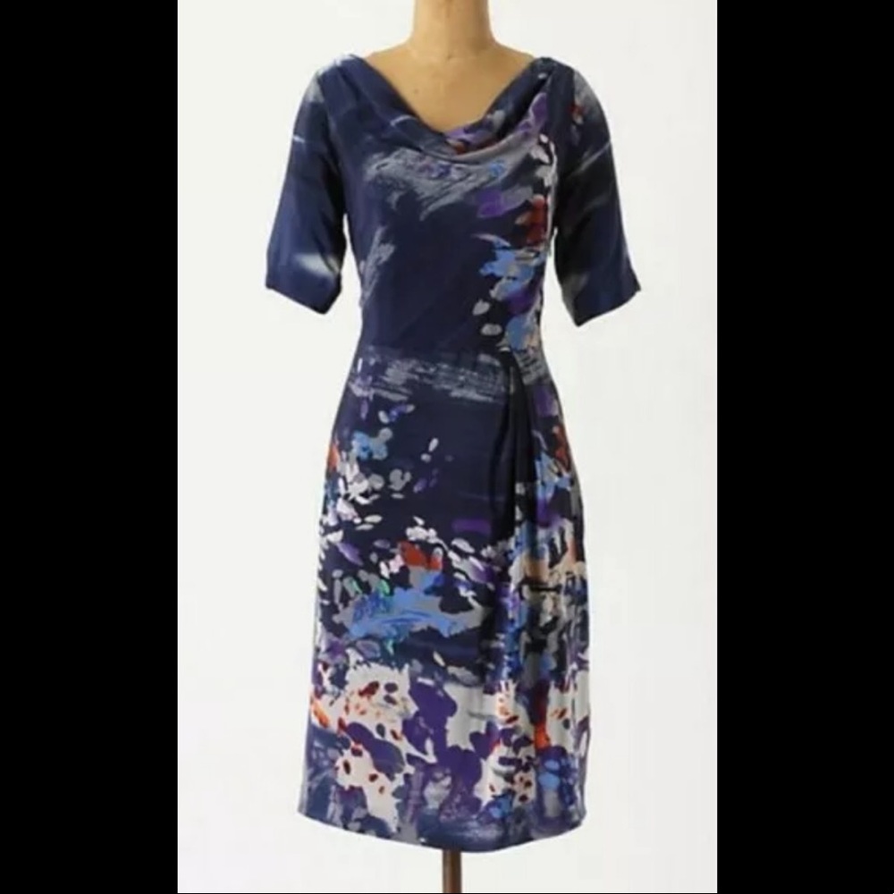 Anthro COQUILLE Japonica Abstract Watercolor Floral Dress Silk Draped Cowl Neck